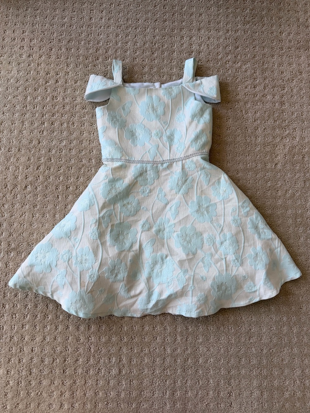 NWOT Sweet Heart Rose Girls’ Light Aqua And White Floral Jacquard Dress, Size 8